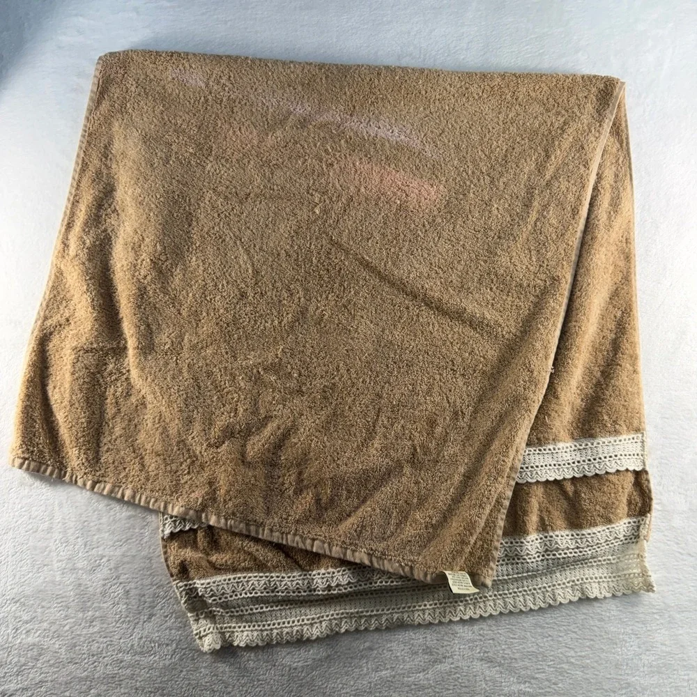 Premier Collection 3pc Towel Set Tan Cotton Crochet Lace Trim Made in Turkey